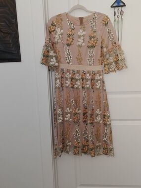POLAGRAM Blush Floral Embroidered Dress with Gold and White Accents